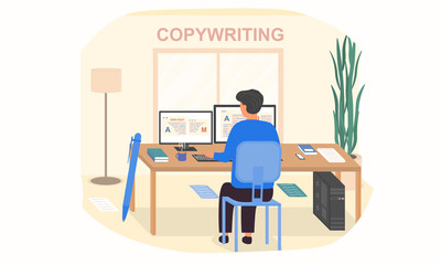 Poster - young male character is working as a copywriter in the office
