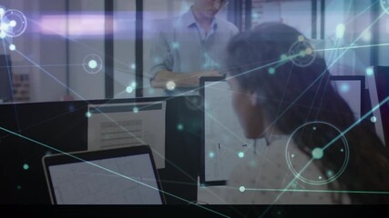 Poster - Animation of network of connections over businesswoman using computer in office