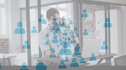 Poster - Animation of network of connections over businessman using smartphone and laptop