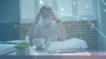 Poster - Animation of network of connections over tired businessman in face mask in office