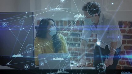 Poster - Animation of network of connections over business colleagues wearing face masks in office