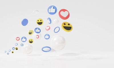 Poster - 3D render attracting digital marketing Social media online concept with show emoji, heart, like, smile to communicate digitally on white background, banner, copy space
