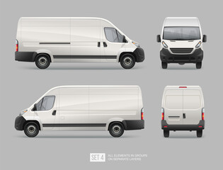 Cargo Delivery Van realistic vector template. Mockup Template for Branding and Corporate identity design on  delivery transport.  White Cargo Van isolated on grey background