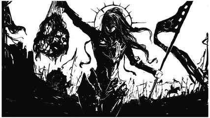 The black silhouette of a sinister female knight in demonic armor and mask, sh holds a net with severed heads in one hand and a long flag in the other, behind her is the army of darkness . 2d 