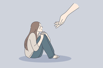 Wall Mural - Psychotherapy psychological support concept. Young sad depressed woman sitting getting help and cure from stress feeling lonely and unhappy vector illustration 