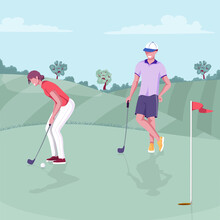 Woman And Man Playing Golf. Golfers With Clubs Hitting The Ball To Hole With Flag, Standing And Watching. Couple Spending Time On Golf Course. Colorful Vector Illustration. Cartoon Style