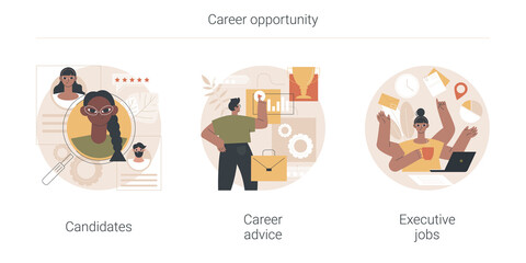 Poster - Career opportunity abstract concept vector illustration set. Candidate list, career advice, executive job, human resources, find employee, job applicant, leadership coach, create CV abstract metaphor.