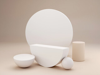 Aufkleber - Pastel colors shapes on natural pastel colors abstract background. Minimal podium. Scene with geometrical forms. Empty showcase, cosmetic product presentation. Fashion magazine. 3d render. 