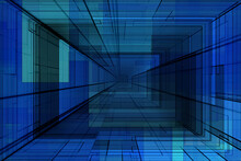 Abstract Blue Digital Tunnel For Hi Tech Background And Wallpaper.