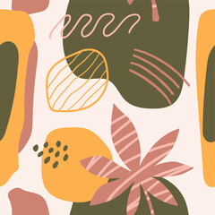 Poster - Modern abstract seamless pattern with tropical plants, organic shapes and lines. Creative collage contemporary background. Fashionable template for design.	
