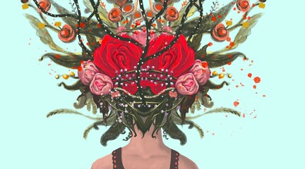 Woman with flowers head. concept painting of nature and freedom, surreal artwork, conceptual illustration