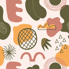 Poster -  Modern abstract seamless pattern with tropical plants, organic shapes and lines. Creative collage contemporary background. Fashionable template for design.