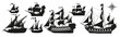 © Andrey - Pirate boats and Old different Wooden Ships with Fluttering Flags. Vector Set Old shipping sails traditional vessel pirate symbols garish vector illustrations.Black silhouettes collection set