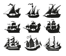 Pirate Boats And Old Different Wooden Ships With Fluttering Flags. Vector Set Old Shipping Sails Traditional Vessel Pirate Symbols Garish Vector Illustrations.Black Silhouettes Collection Set