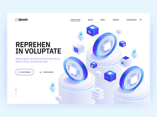 Poster - vector landing page of tech isometric concept. cryptocurrency exchange, digital money currency, bank