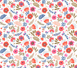Vector seamless pattern. Folk pattern in small flowers. Small red and pink flowers. White background. Ditsy floral background. The elegant the template for fashion prints. Stock vector.