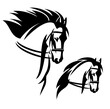 bridled horse with flying mane profile head black and white vector outline portrait set