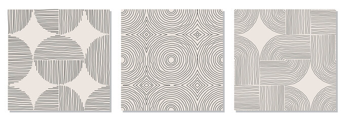 Set of trendy minimalist seamless pattern with abstract hand drawn composition
