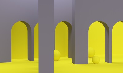 Poster - Gray arches and yellow spheres. Backdrop design for product promotion. 3d rendering