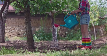 Wall Mural - Little pretty girl, young farmer watering with watering can fruit tree in a garden, 4k video