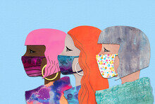 Three Women In Profile Wearing Face Masks, A Watercolor Collage