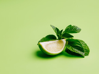 Wall Mural - Slice of fresh lime with mint leaves isolated on vibrant green background. Mojito refreshment cocktail ingredients. Creative food or drink concept.