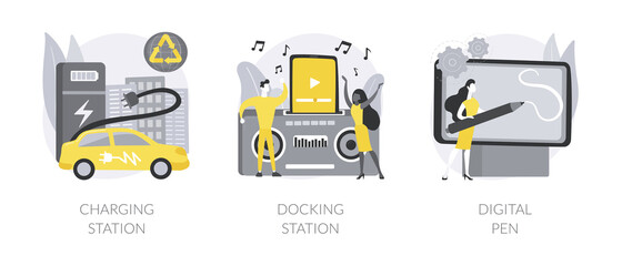 Poster - Electronic device use and charge abstract concept vector illustrations.