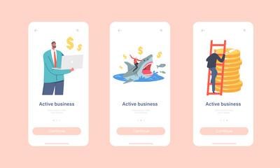 Wall Mural - Active Business Mobile App Page Onboard Screen Template Set. Tiny Businessman Character Riding Dangerous Shark