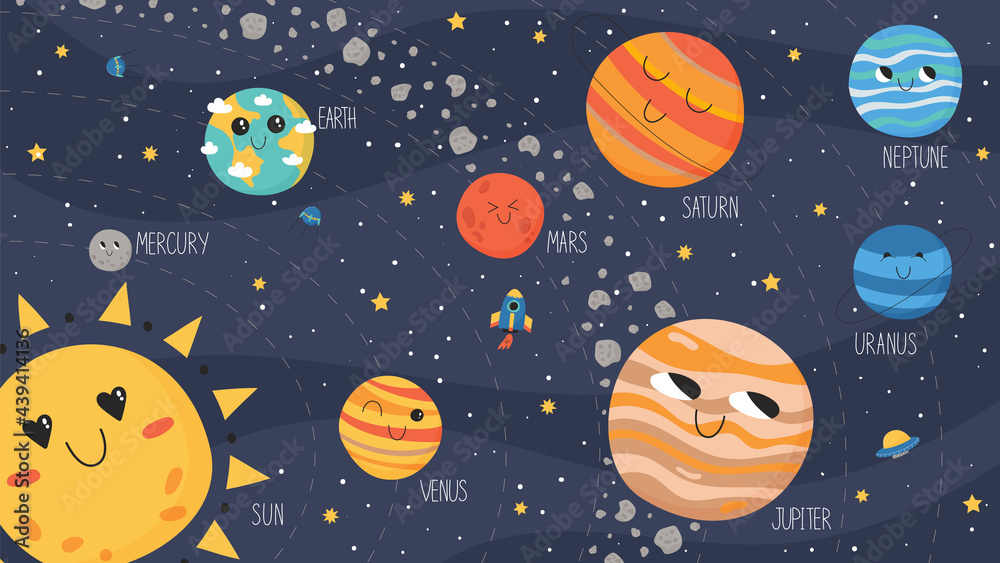 Solar system scheme. Vector planets, asteroid belt, spaceship and ufo ...