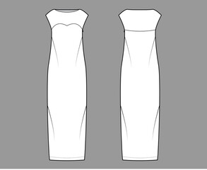 Wall Mural - Dress column technical fashion illustration with long sleeves, sleeveless, fitted body, floor maxi length pencil skirt. Flat evening apparel front, back, white color style. Women men unisex CAD mockup