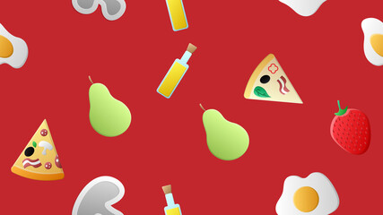 Wall Mural - Endless red seamless pattern from a set of icons of delicious food and snacks items for a restaurant bar cafe: pizza, mushrooms, strawberry, egg, pear, olive oil. The background