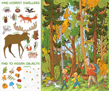 People And Dog Go To Forest For Mushrooms. Find All Animals In Picture. Find 10 Hidden Objects. Puzzle Hidden Items