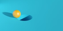 Yellow Sphere On Edge Of Hole On Cyan Background, Target Or Goal Concept