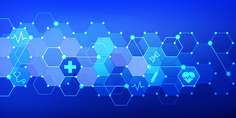 Poster - Modern Healthcare and Technological Concept Background Illustration with health icons. Abstract Medical banner design in polygon shapes