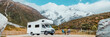© Maridav - Motorhome camper van RV road trip on New Zealand. Couple on travel vacation adventure. Tourists looking at view of Aoraki Mount Cook National park and mountains next to rental car. Panoramic banner