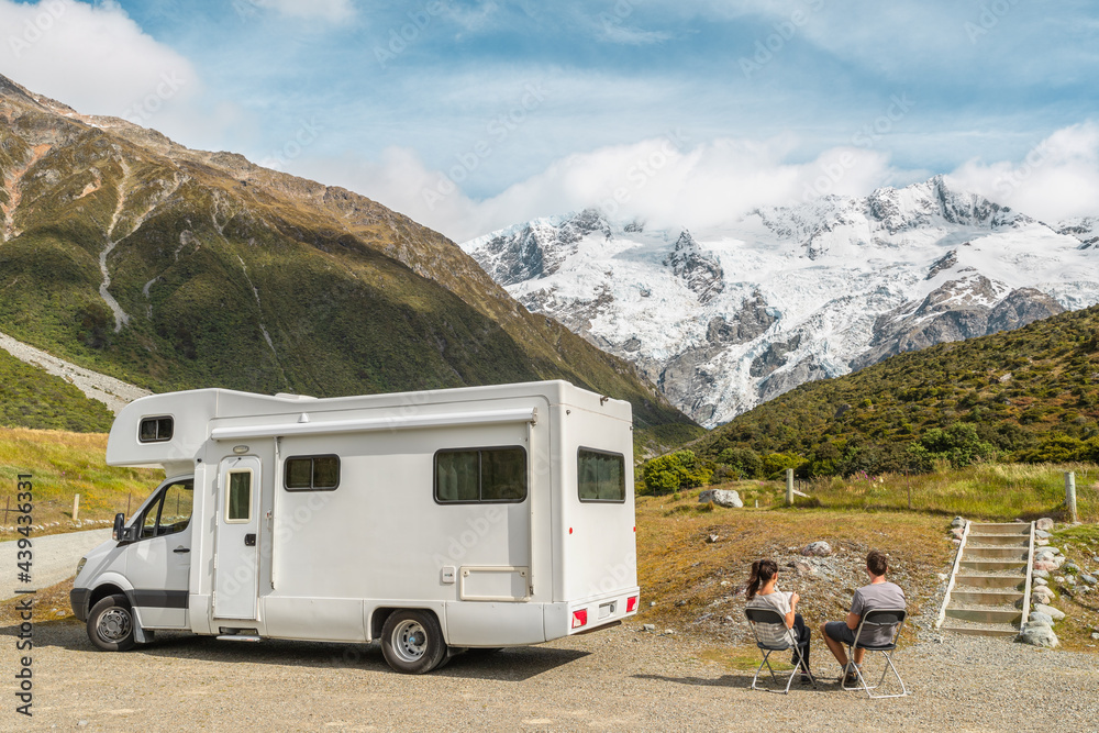 Motorhome camper van RV road trip on New Zealand. Couple on travel ...