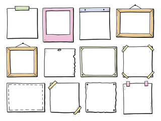 Wall Mural - Hand drawn set of paper sticker, photo frame, picture border. Doodle sketch style. Frame of square and rectangle shape. Vector illustration.