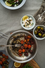 Various Mediterranean Food On Table