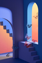 Scene With Geometrical Forms With Butterflies On Minimal Background