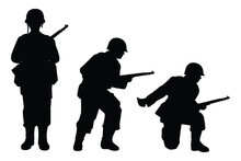 Set Of US Soldier With A Rifle Weapon During World War 2 Silhouette Vector On White Background
