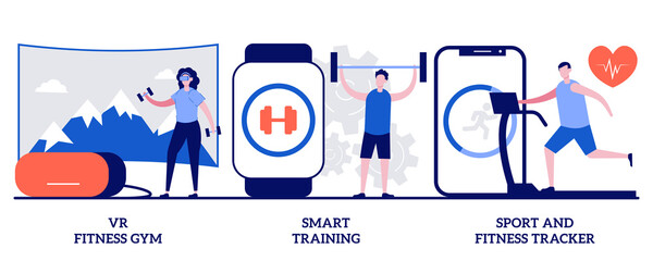 Poster - VR fitness gym, smart experience, sport and fitness tracker concept with tiny people. Smart personal training technologies vector illustration set. Fit coaching application, health monitor metaphor