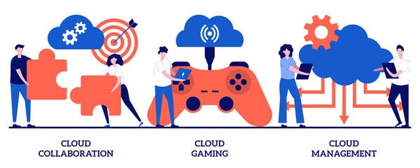 Poster - cloud collaboration, gaming and management concept with tiny people. cloud service abstract vector i