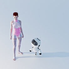 Futuristic Woman Standing With Cute White Little Robot On Wheel