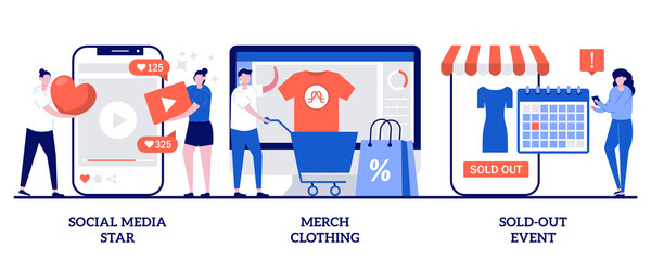 Poster - Social media star, merch clothing, sold-out event concept with tiny people. Celebrity media engagement vector illustration set. Account monetization, branded design, show overbooking metaphor