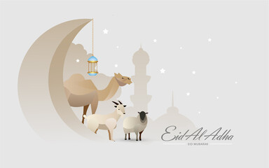 Wall Mural - Eid Al Adha Celebration of Muslim holiday the sacrifice a camel, sheep and goat, can use for, landing page, template, ui, web, mobile app, poster, banner, flyer, background