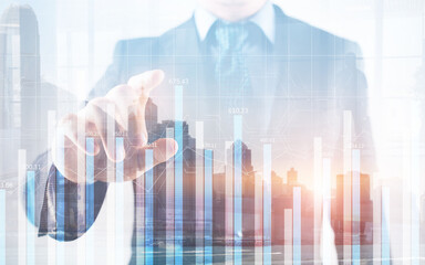 Double exposure blue chart financial graphs and diagrams