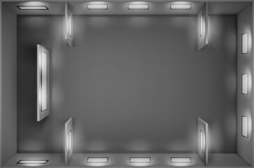 Top view of empty gallery with blank picture frames illuminated by spotlights. Vector realistic interior of museum or artwork exhibition with white posters in black frames and lamps