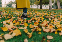 Detail Of Legs And Yellow Coat Of  Senior Woman Walking And Relaxing At Park In Autumn