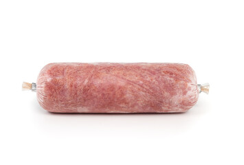 Ground frozen chicken sausage roll. Human grade raw meat inclusive back, neck, liver and heart. Concept for barf, raw food diet for cats, dogs and pets. Isolated on white.