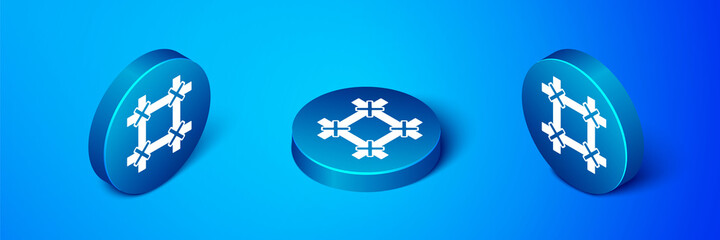 Sticker - Isometric Prison window icon isolated on blue background. Blue circle button. Vector